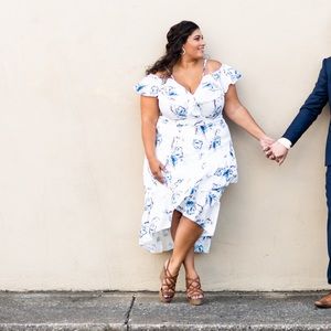 White and blue/gray floral high low dress